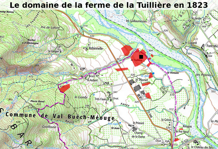 Extrait de la carte IGN au 1/25 000e, montrant l'étendue du domaine agricole d'après le cadastre de 1823.