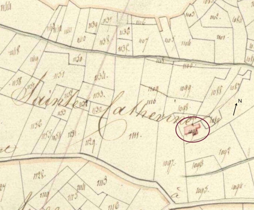 Plan de masse et de situation d'après le cadastre de 1813 (section C, parcelle 1091). Echelle d'origine 1/2500.