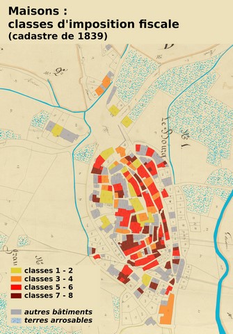 Classes d'imposition fiscale des maisons en 1839, reportées sur le cadastre de 1839 (sections F1 et F5). Echelle d'origine 1/1 000e.