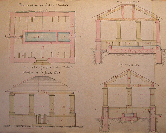 Castellane. Le Bourg. Construction d'un lavoir. Dessins. [Plan, coupe, élévation. Projet non réalisé].