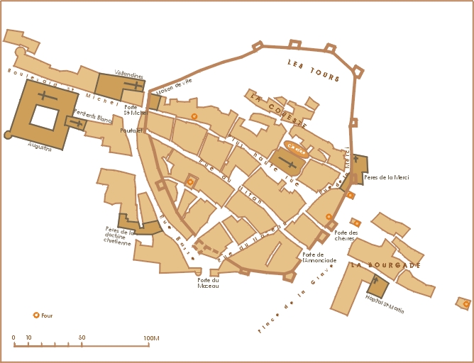 Castellane en 1685 avec le tracé restitué des remparts. On remarque l'espace libre au nord.
