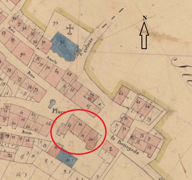 Plan de masse et de situation d'après le cadastre napoléonien de 1838, section B4, parcelles 47, 48, 49, 50.