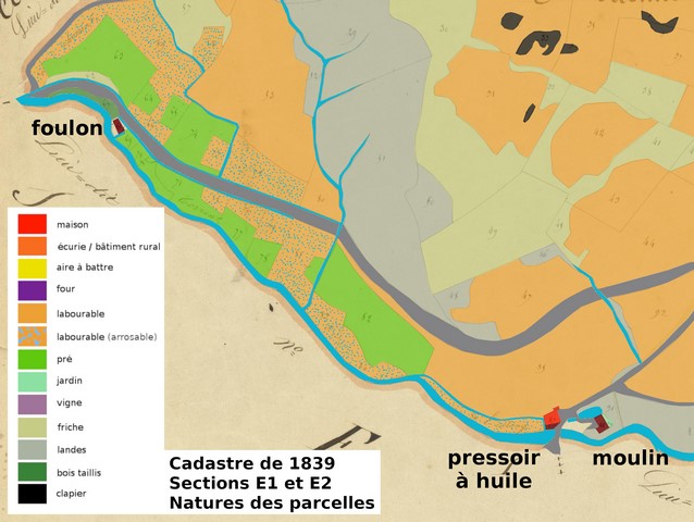 Le Moulin. Natures des parcelles en 1839, reportées sur le cadastre de 1839 (sections E1 et E2). Echelle d'origine 1/2 000e.