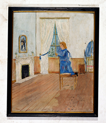 ex-voto, tableau : Prière d'une femme en bleu dans une chambre