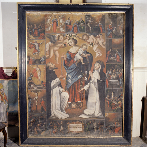 tableau d'autel : La Vierge et l'Enfant Jésus remettant le rosaire à saint Dominique de Guzman et à sainte Catherine de Sienne, scènes de la vie du Christ et de la Vierge