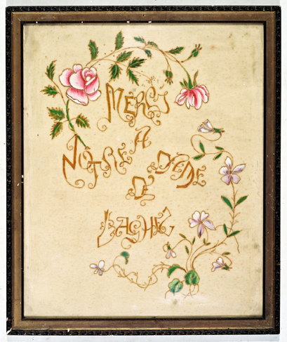 ex-voto, tableau de broderie : Remerciements, fleurs