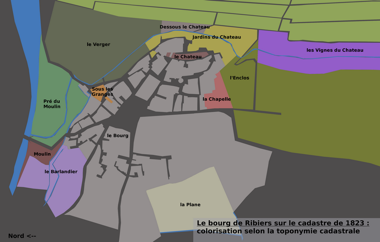 Colorisation selon la toponymie cadastrale sur fond de plan cadastral de 1823, section E2. Echelle d'origine 1/1250e..