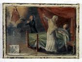 ex-voto, tableau : Demande de guérison d'une femme, avec rideaux rouges