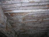 Rouainette. Détail d'un plafond rustique constitué de branches et non de planches.