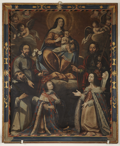 Cadre et tableau : Donation du rosaire à saint Dominique de Guzman et sainte Catherine de Sienne avec Louis XIV enfant, Anne d'Autriche, saint Joseph et saint Jacques