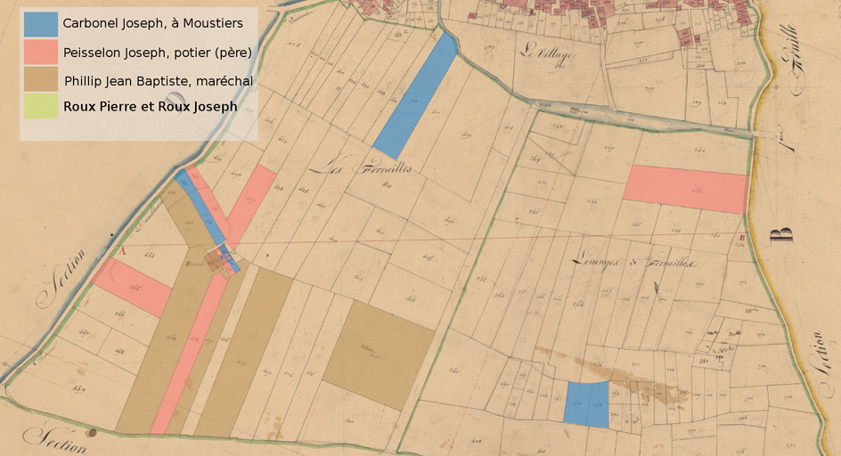 Extrait du plan cadastral de 1835 (section C, feuille 1), avec surcharge de couleur sur les parcelles correspondant aux possessions des trois propriétaires de la ferme.