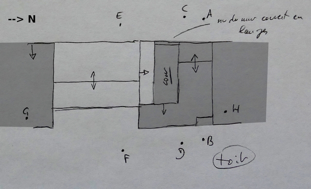 Plan schématique : toit (partie non grisée).