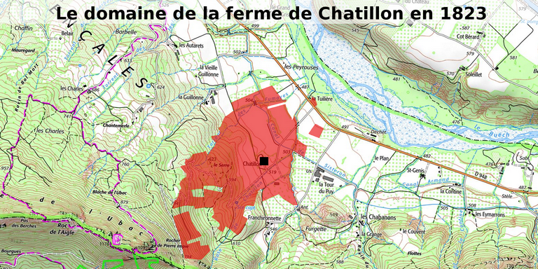 Extrait de la carte IGN au 1/25 000e, montrant l'étendue du domaine agricole d'après le cadastre de 1823.