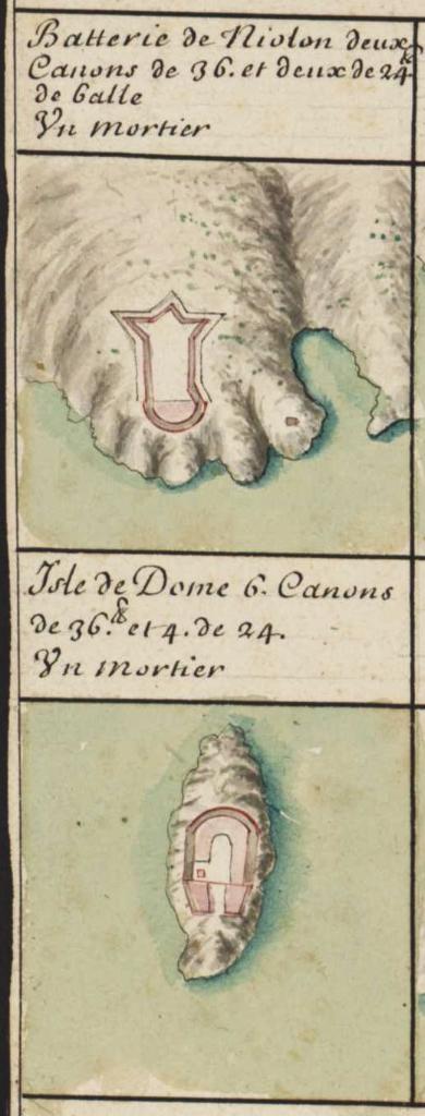Plan de la baye et des rades de Marseille avec les batteries des canons et mortiers pour sa defance, 1705. Détail : batteries de Niolon et de l'île de Doume.