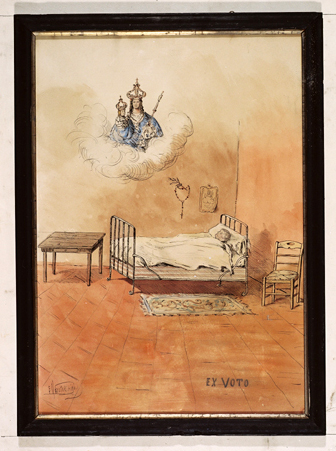 ex-voto, tableau : Demande de guérison d'un enfant, avec chapelet et rameaux au mur