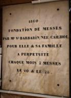 Plaque commémorative : plaque de fondation de messe