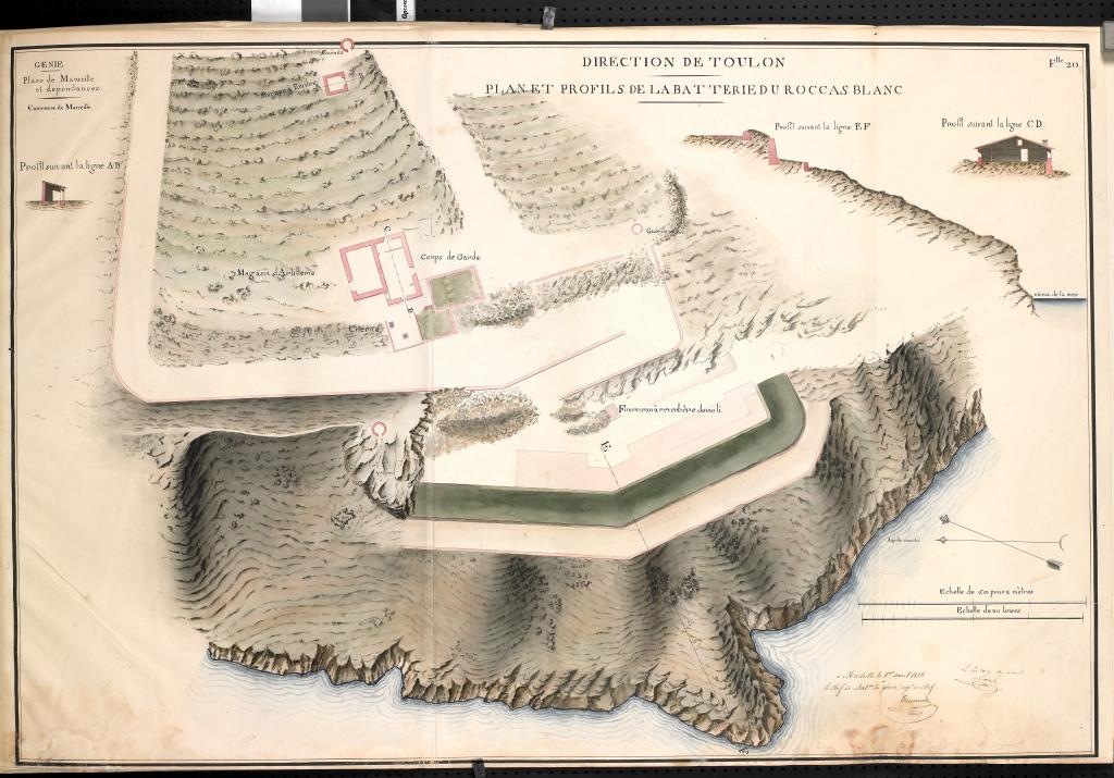 Plan et profils de la batterie du Roccas Blanc,1818. 