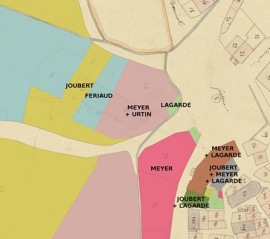 Répartition foncière, d'après le cadastre de 1839 (sections F1 et F5). Echelle d'origine 1/1 000e.