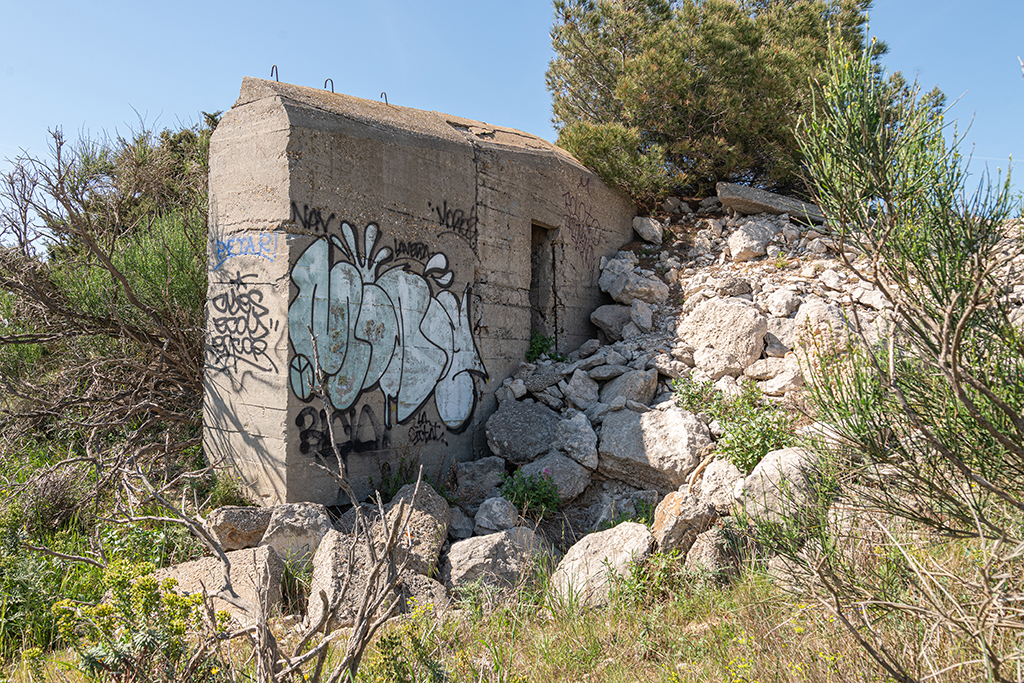 casemate abri type Regelbau 621, contrefort latéral gauche du mur de gorge et porte du tobrouk intégré