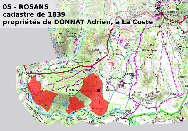 Le domaine agricole de la Grande Coste en 1839, reporté sur la carte IGN de 2021. Echelle d'origine 1/25 000e.