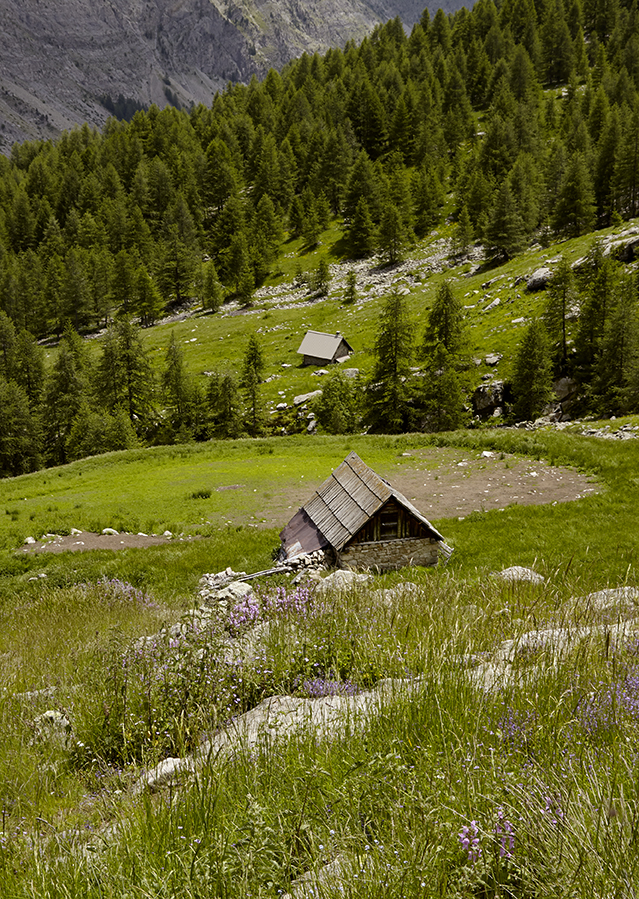 Cabanes de Sangraure (ancienne, au premier plan ; nouvelle, au second plan). Villars-Colmars.