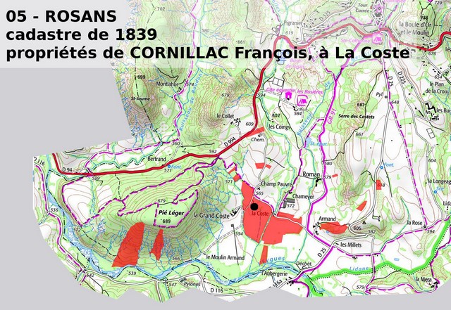 Emprise de la propriété foncière de François Cornillac en 1839, reportée sur la carte IGN de 2021. Echelle d'origine 1/25 000e.