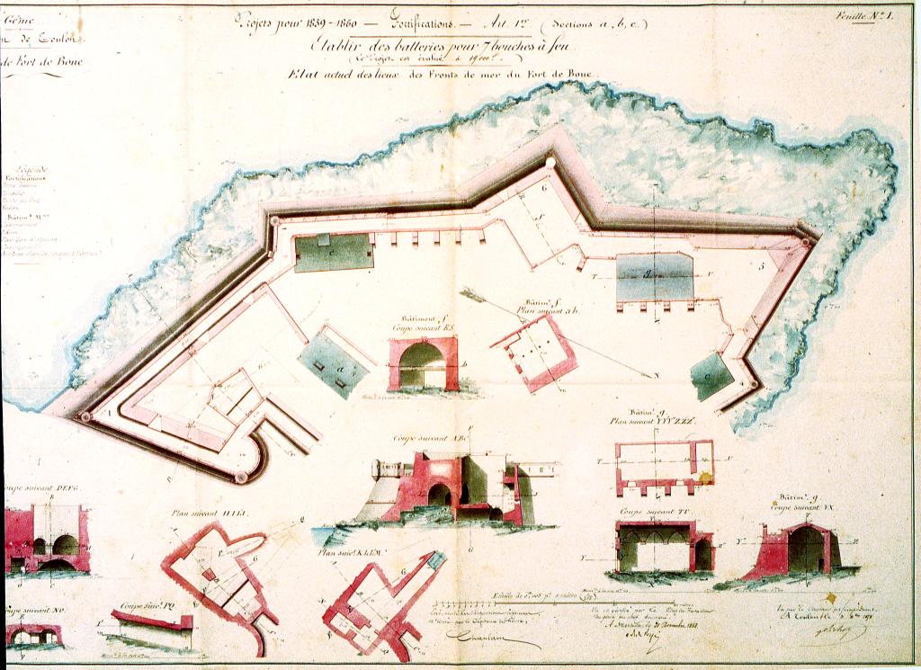 Etablir des batteries pour 7 bouches à feu. Etat actuel des lieux des fronts de mer du fort de Bouc, 1858.
