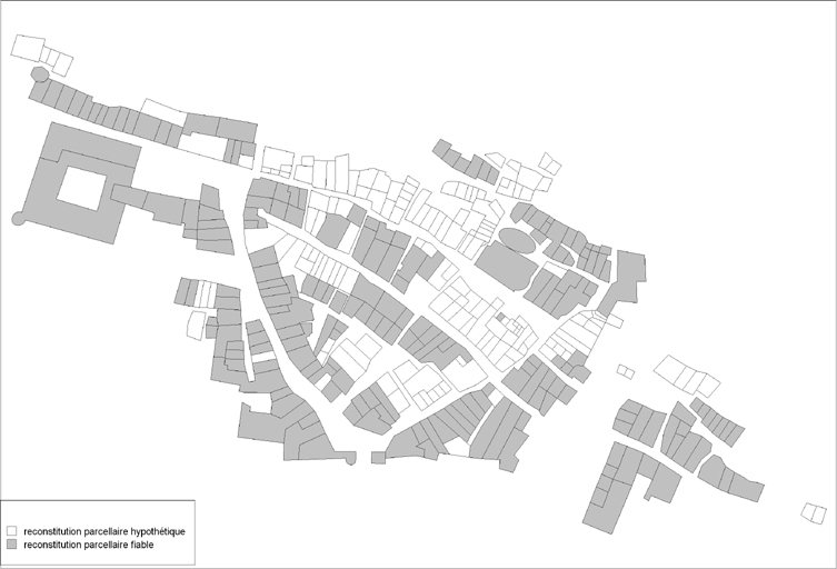 Répartition des bâtiments d'après le degré de fiabilité de la reconstitution du plan parcellaire du cadastre de 1685.