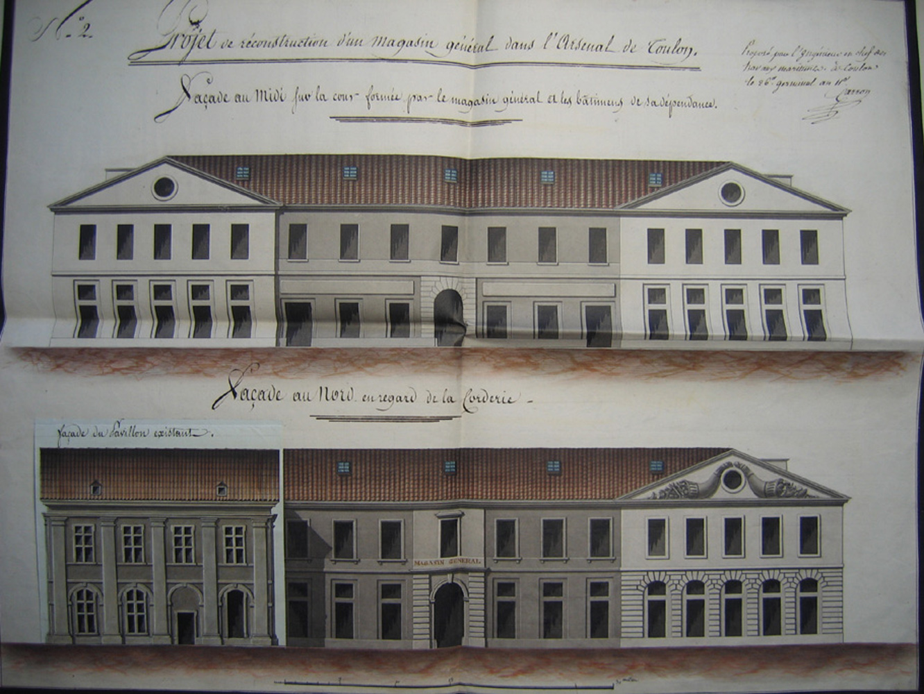 Projet de reconstruction d'un magasin général dans l'arsenal de Toulon. Façade au midi [...]. Façade au nord en regard de la corderie. 1803.