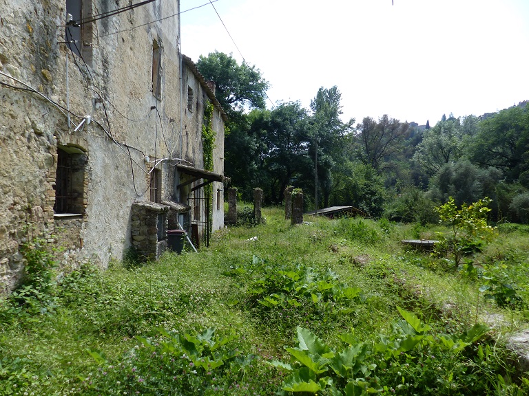 Vue d'ensemble prise du nord. A droite, la meule réutilisée comme table de jardin ; au fond, les piles maçonnées dans la cour sud. 