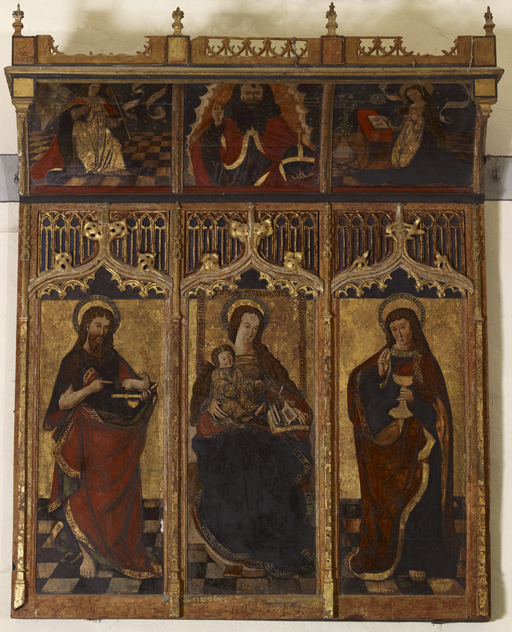 Retable à panneau compartimenté : Vierge à l'Enfant entourée de saint Jean-Baptiste et saint Jean l'Evangéliste, Dieu le Père et Annonciation