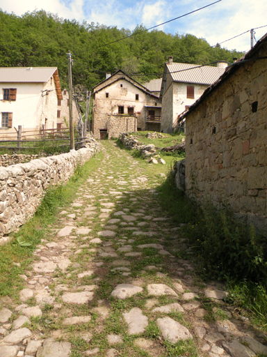 Rue du hameau d'Argenton, pavée en blocs de grès.