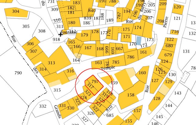 Plan de masse d'après le cadastre de 2021, section 000F. Echelle d'origine 1/500e.