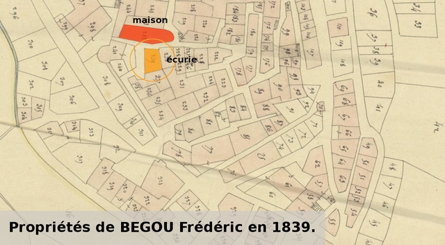 Propriétés de Frédéric Bégou en 1839, reportées sur le cadastre de 1839 (section F1). Echelle d'origine 1/1 000e.