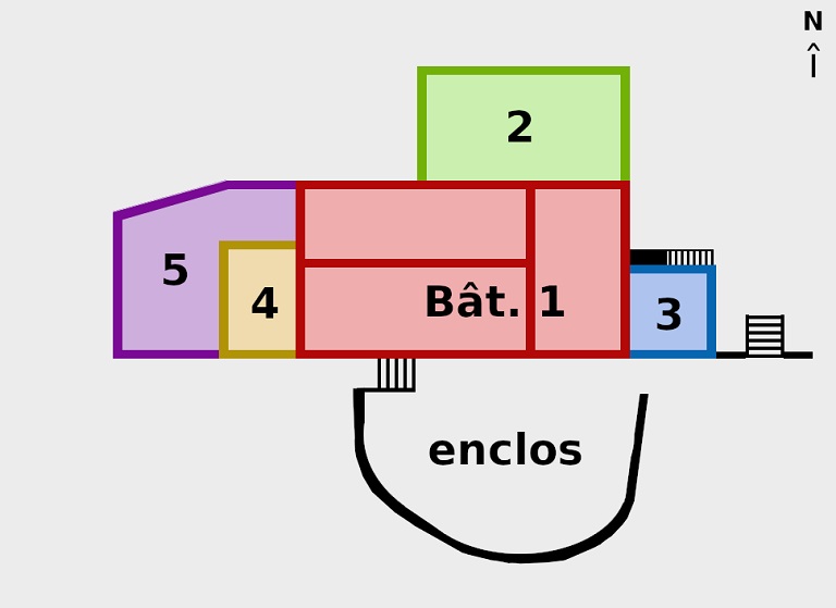 Plan schématique des bâtiments et numérotation selon leur ajout chronologique.