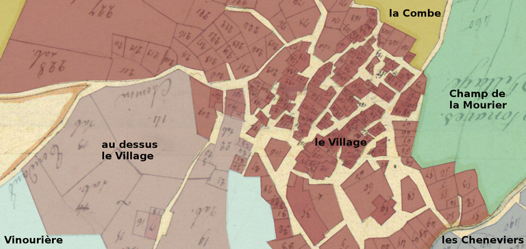 Extrait du cadastre de 1827 surchargé selon selon la toponymie cadastrale.