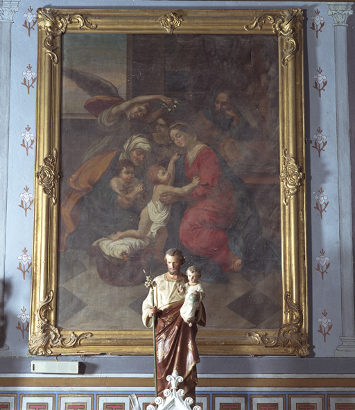 ensemble de 2 tableaux d'autel : L'Assomption, La Sainte Famille, sainte Anne et saint Jean Baptiste enfant, 2 cadres