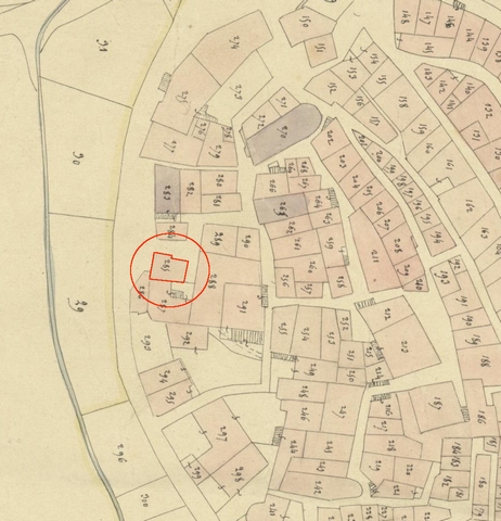 Plan de masse, d'après le cadastre de 1839 (section F1). Echelle d'origine 1/1 000e.