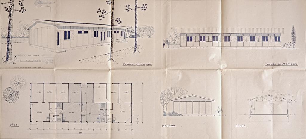 Bâtiment pour Harkis, plan trois logements, façade principale, postérieure, pignon, coupe, 1963. Société de constructions Dassé.