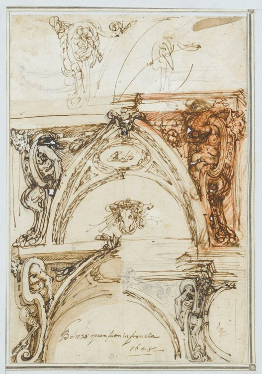 [Esquisses pour la décoration des écoinçons de voûte du plafond de la salle de bal du château de Cagnes-sur-Mer], 1648. 