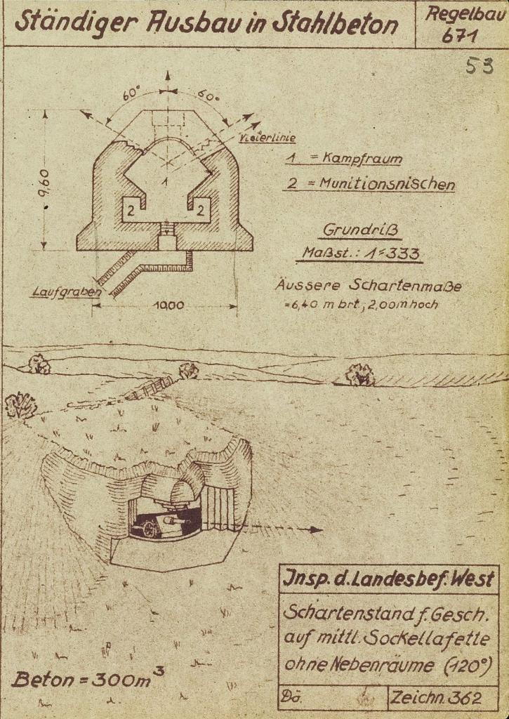[Plan et vue en perspective du modèle-type de casemate Regelbau 671], 1944.