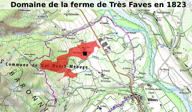 Extrait de la carte IGN au 1/25 000e, montrant l'étendue du domaine agricole d'après le cadastre de 1823.