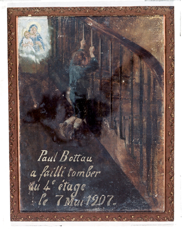 ex-voto, tableau : Chute d'un enfant tombant dans une cage d'escalier, Paul Bottau