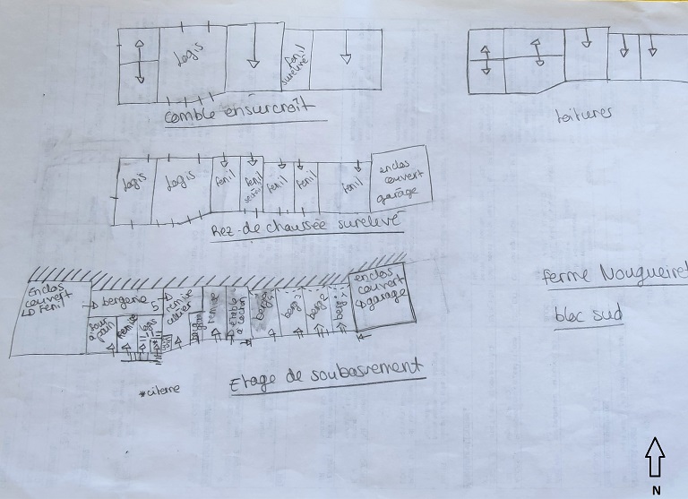 Plan schématique des bâtiments de l'îlot sud du quartier de Nougueiret. 