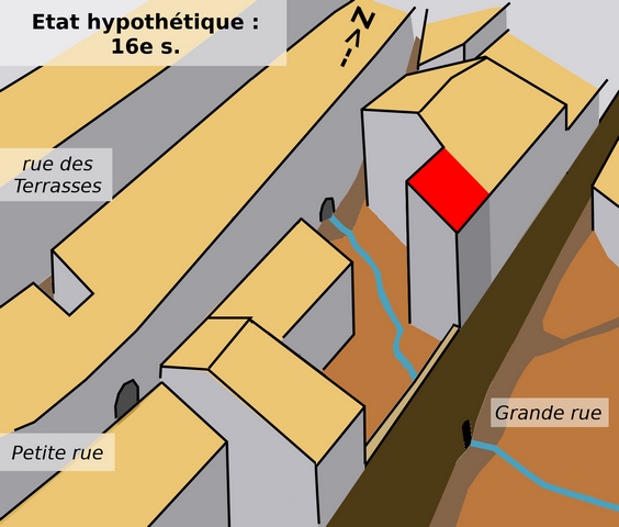 Le bâtiment dans son quartier, état hypothétique : 16e siècle.