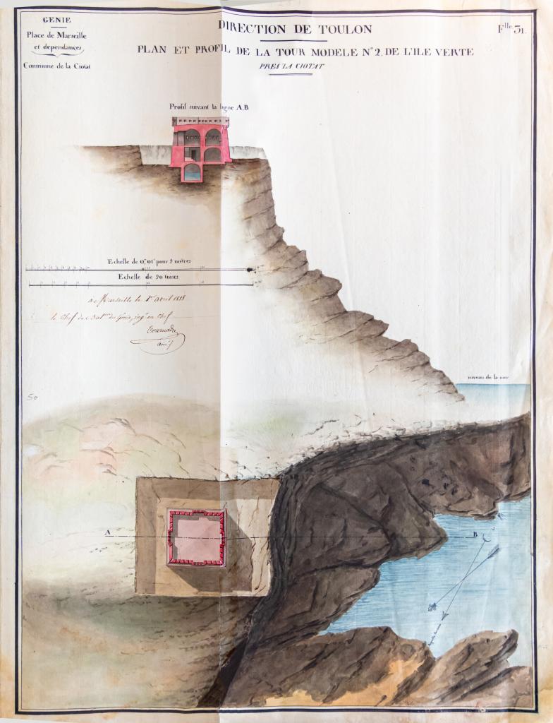 Plan et profil de la tour-modèle n°2 de l'île Verte près La Ciotat, 1818.