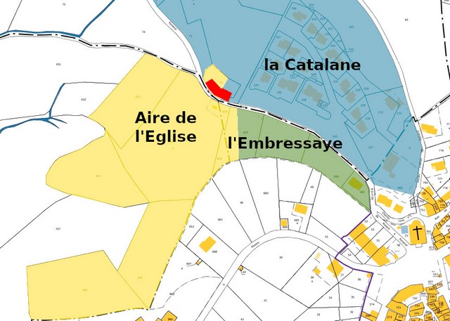 Toponymie du cadastre de 1839, reportée sur le plan cadastral de 2021, sections 000C et 000F. Echelle d'origine 1/500e.