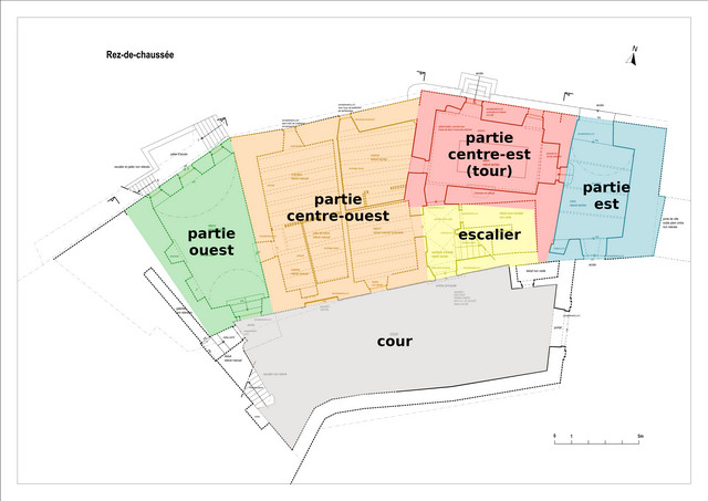 Localisation des différentes parties du bâtiment principal sur le plan du rez-de-chaussée.