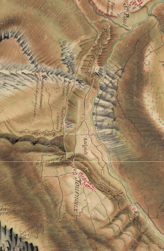 Cartes des frontières Est de la France, de Colmars à Marseille. Détail de la feuille 200-63 : le camp retranché de Tournoux avec la redoute des Cassons au nord du village.