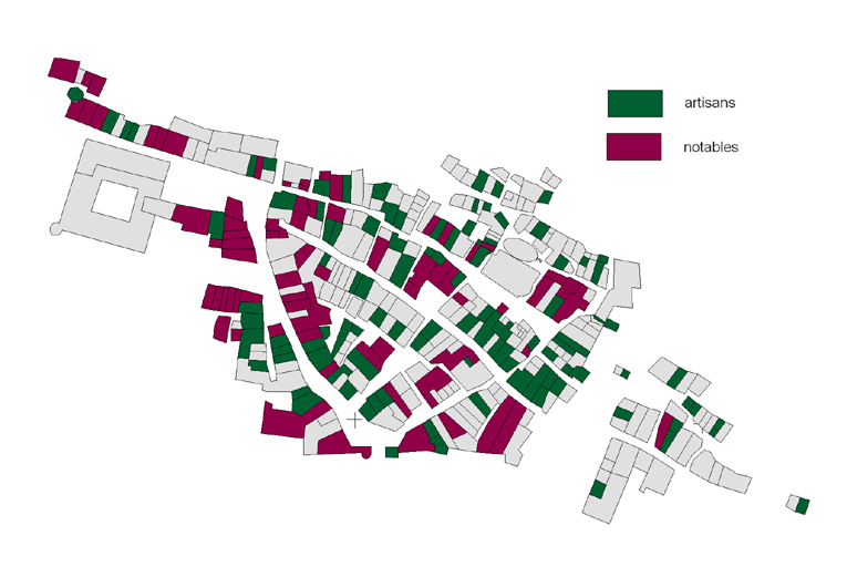 Répartition des propriétés en fonction de la catégorie sociale d'après le cadastre de 1685. Notables et artisans.